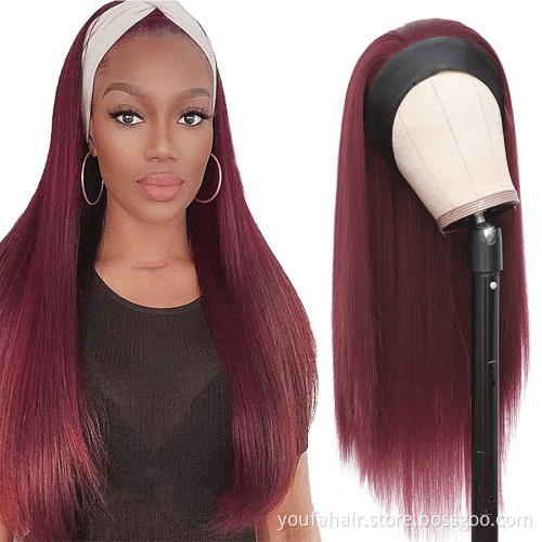 YouFa Brazilian Raw Human Virgin Remy Hair Headband Wig 1B/99J Customized Styles Vendor Wholesale Machine Made  No Glueless Wig